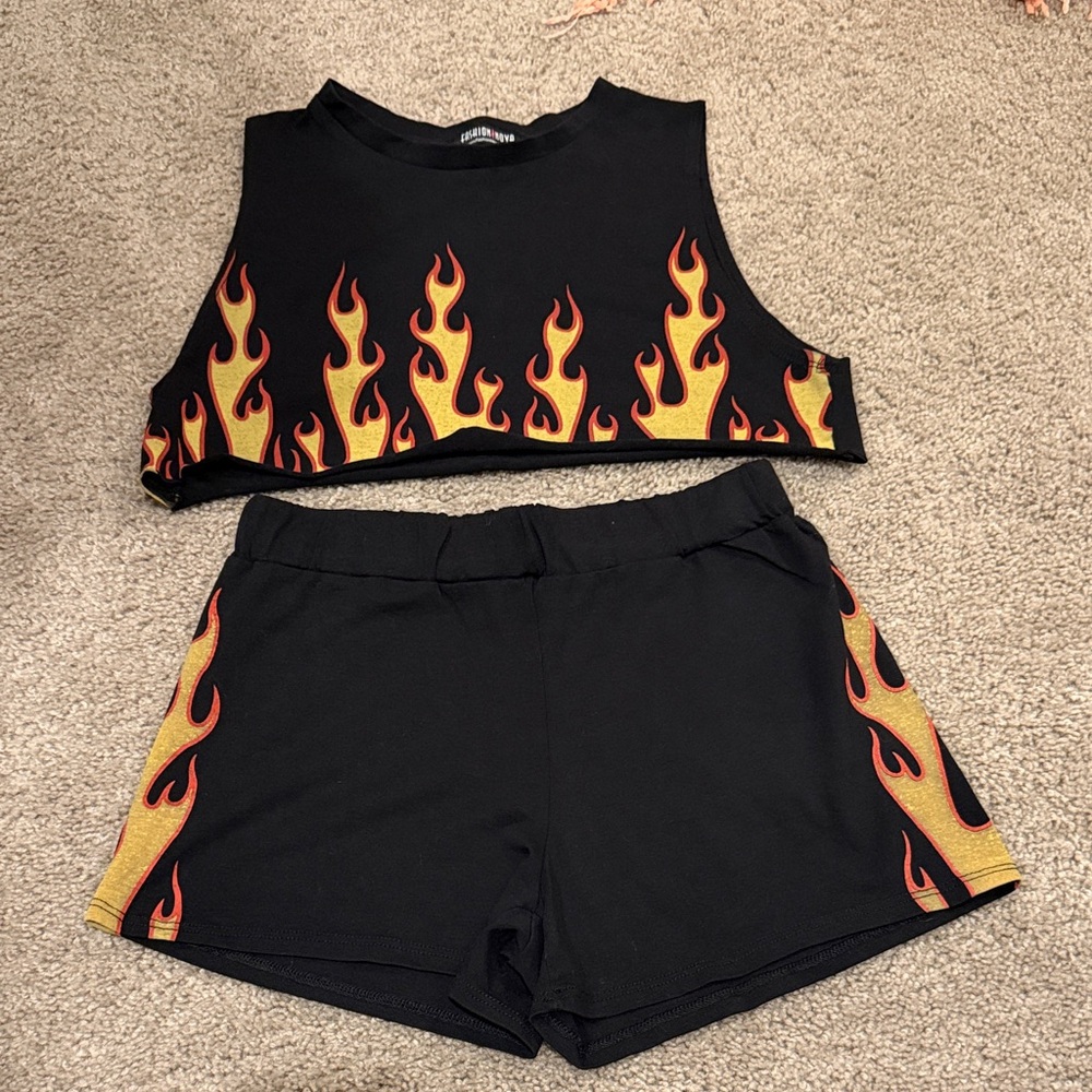 Black Flame Crop Top and Shorts Set